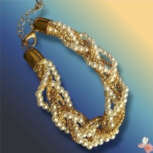Vintage Gold Braided Pearl Chain Bracelet | Multi-Strand Twist #256